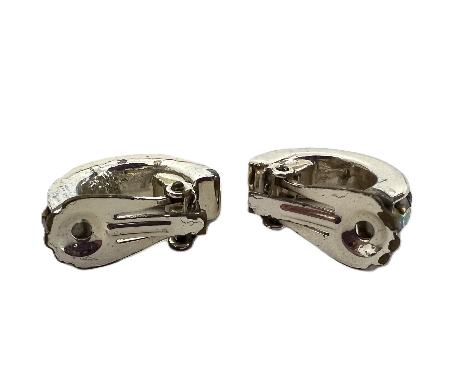 JJE205 Silver Plate Semi Circle Clip On Earrings w Colored zircons VTG