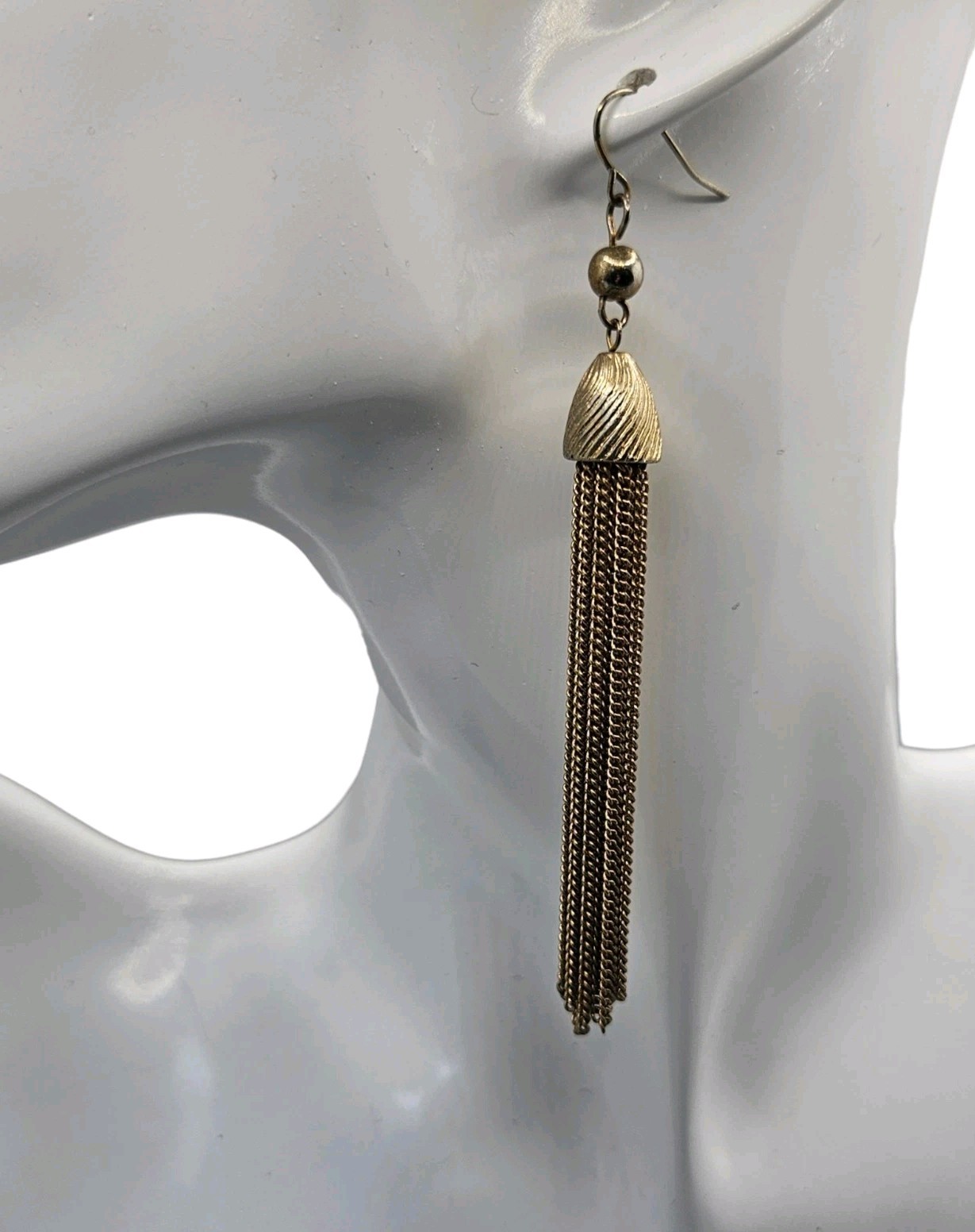 Vintage Tassel Earrings Gold Tone Hook Chain Dangle Runway Statement Long 3.5″