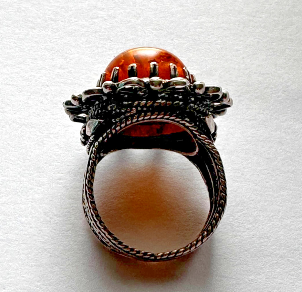 Vintage Silver Amber Flower Cabochon Filigree Statement Ring Size 5