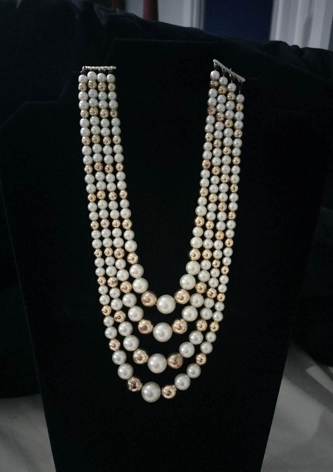 Vintage Multi Strand Faux Pearl Necklace White Gold Tone Decorative Hook Clasp 1