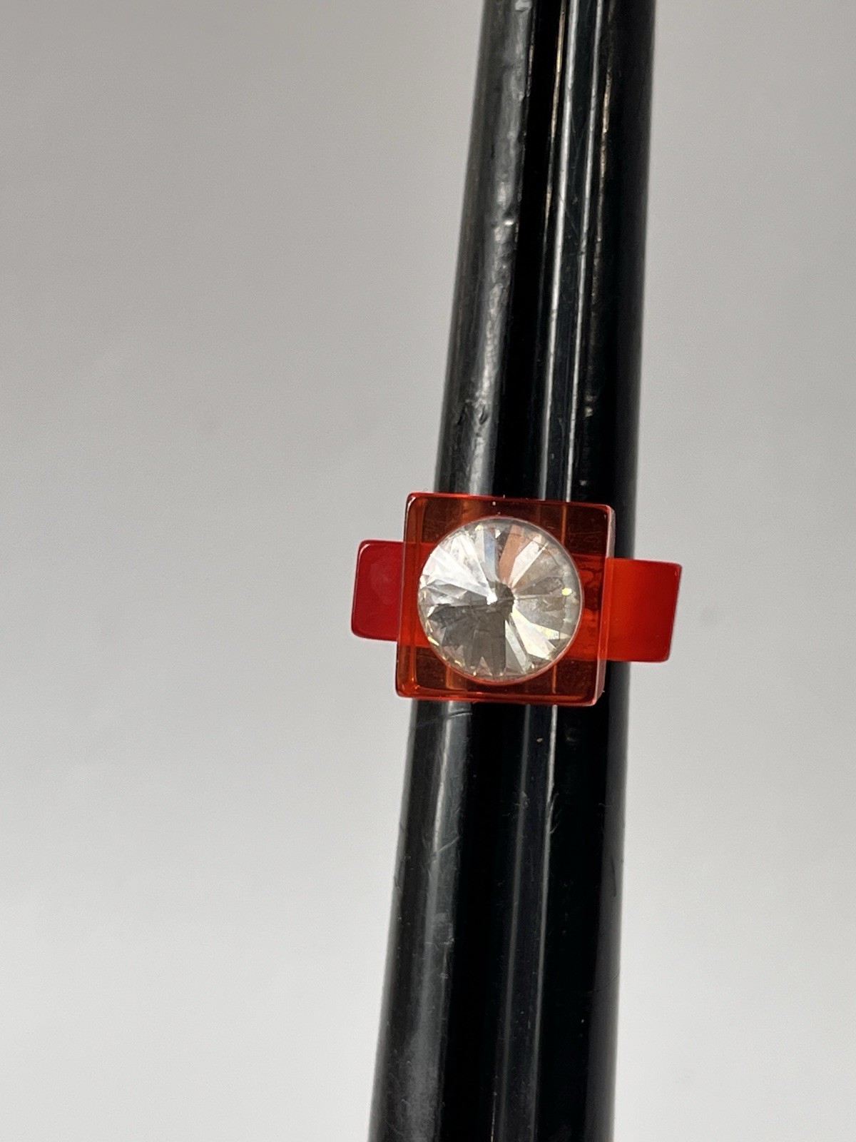 Vintage Lucite Ring Size 7.75 Orange Cubism Rhinestone Modern Chunky Statement