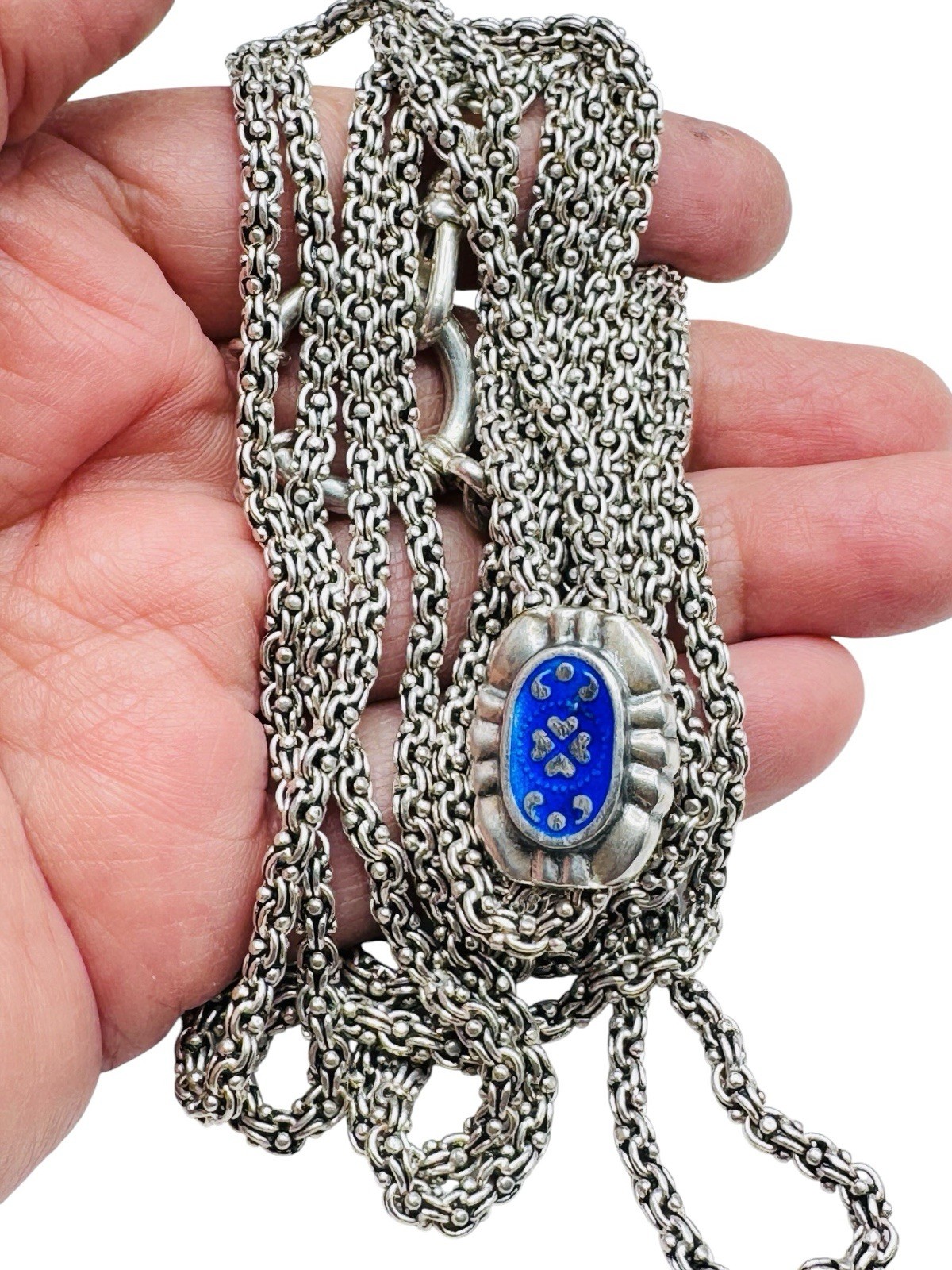 Antique Sterling Silver Fancy Long Watch Guard Chain Necklace Enamel Slide 60″