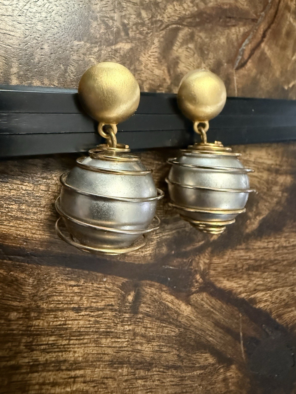 Givenchy Paris New York Brushed Gold and Silver Caged Ball Pierced Earrings