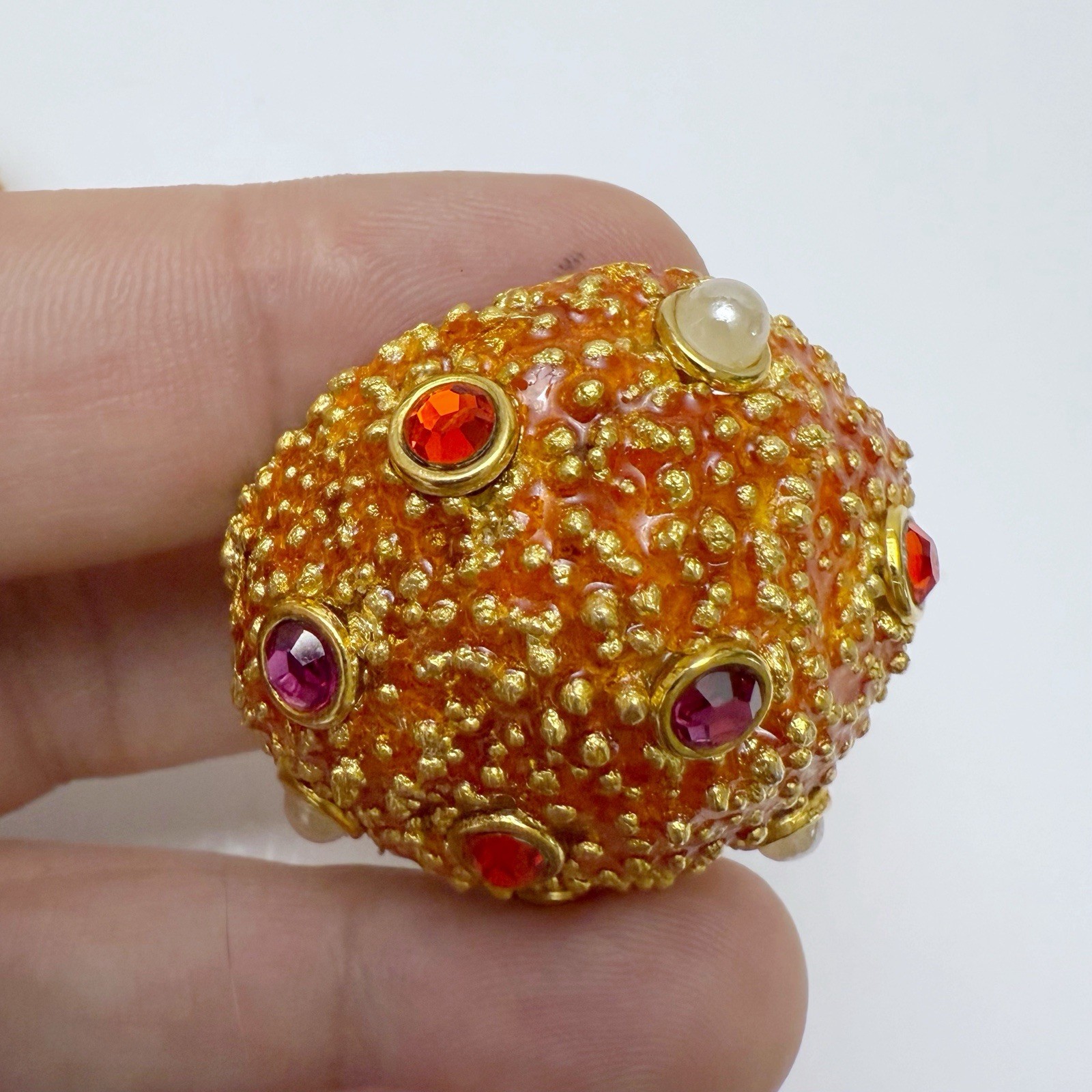 Vintage Sea Urchin Beachy Enamel Rhinestone Faux Pearl Round Clip On Earrings