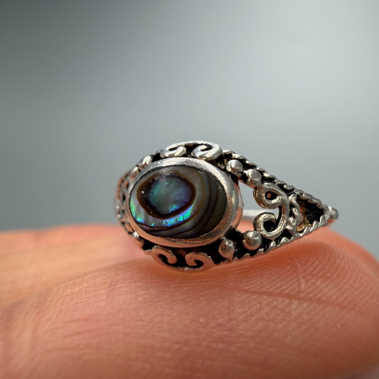 Vintage 925 Sterling Silver Abalone Shell Ring Filigree Boho Women Size 5.5