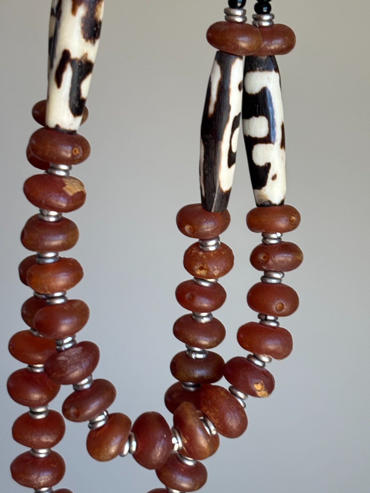 Vintage African Batik Bone Carnelian Trade Bead Multi Strand Necklace Statement
