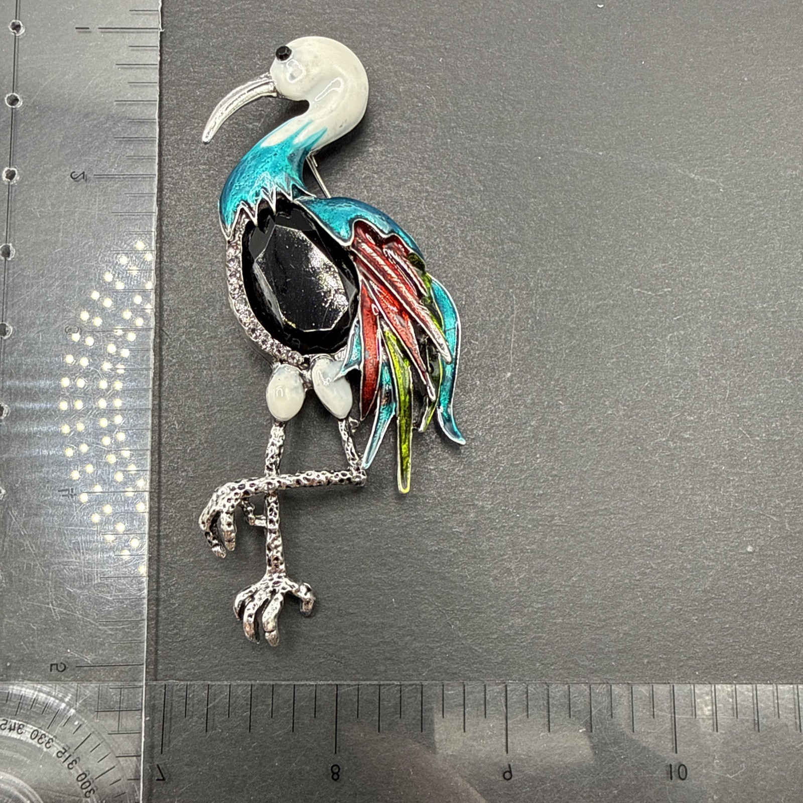 HUGE Heron Bird Brooch Pin Black Rhinestone Colorful Enamel J26