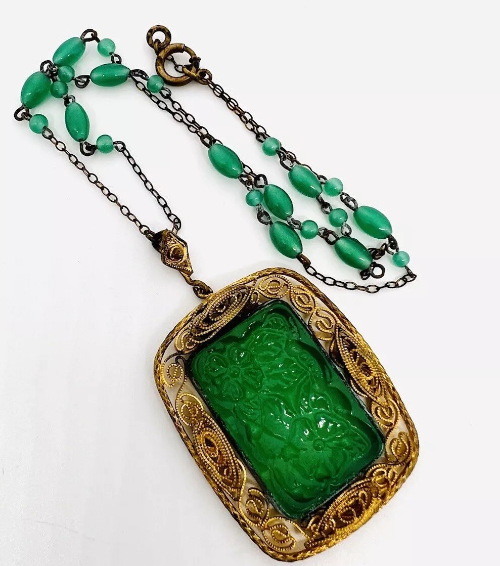 Art Deco Chinese Export Green Peking Glass Beaded Chain Necklace Vintage Jewelry