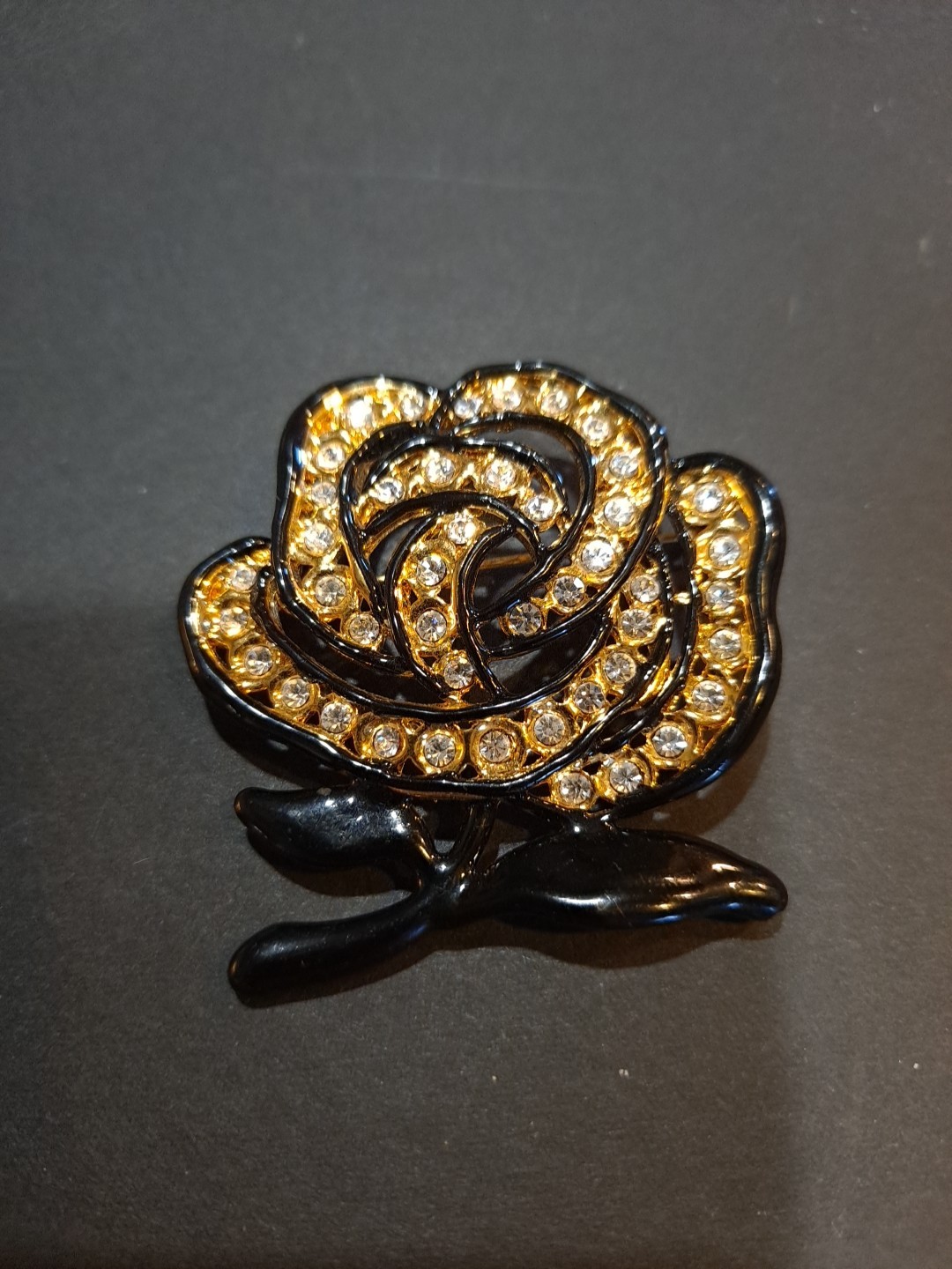 Vintage Rhinestone Flower Brooch Gold Black Enamel Flower Brooch Pin White Stone