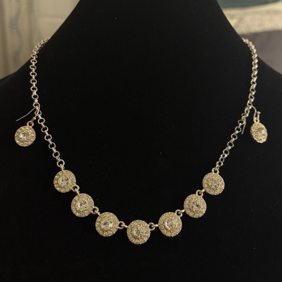 Vintage Silver Tone Clear Rhinestone Necklace & Dangle Earrings Set Adjustable