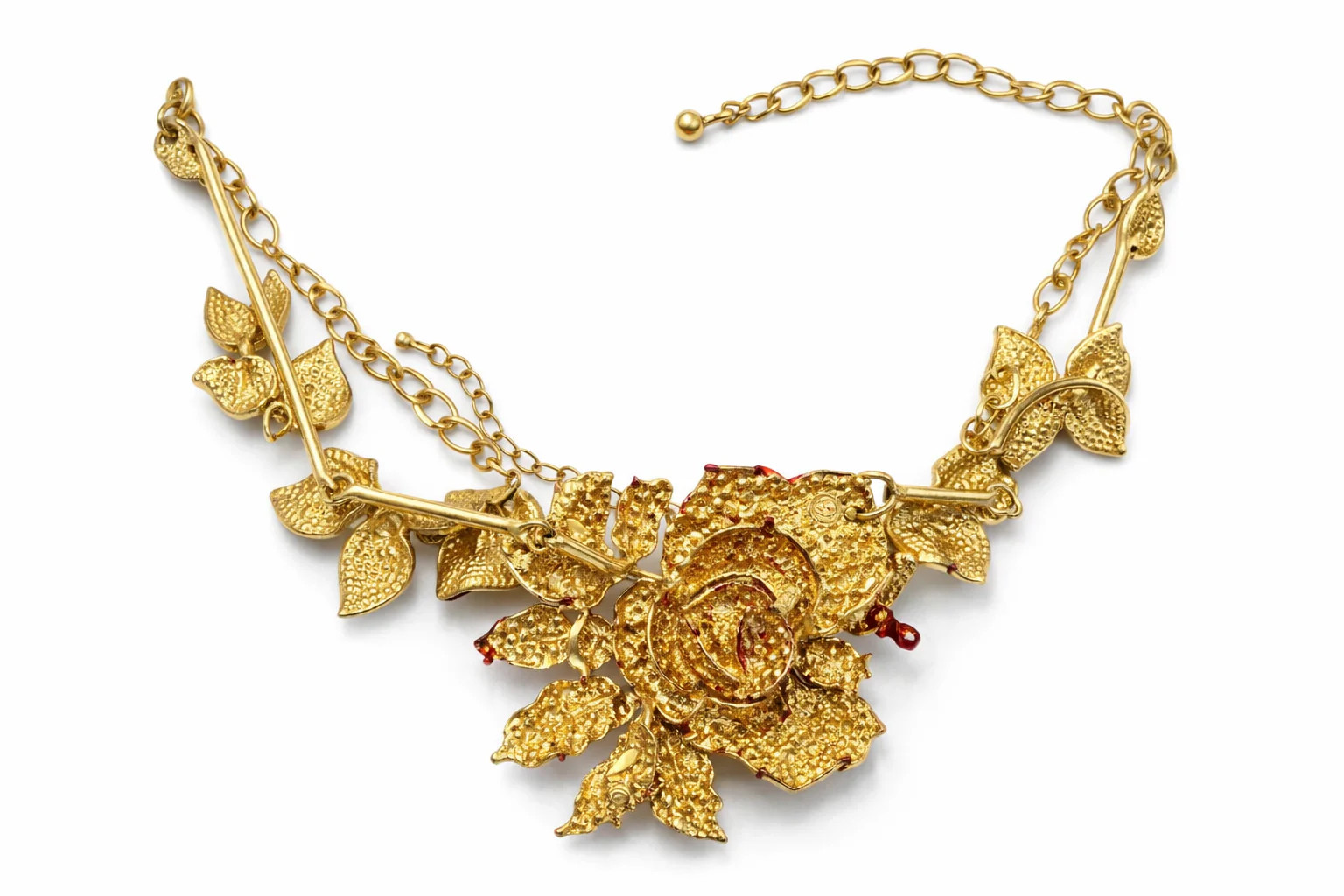 Vintage Red Rhinestone Rose Necklace Bracelet Set Gold Tone Floral Statement Jew