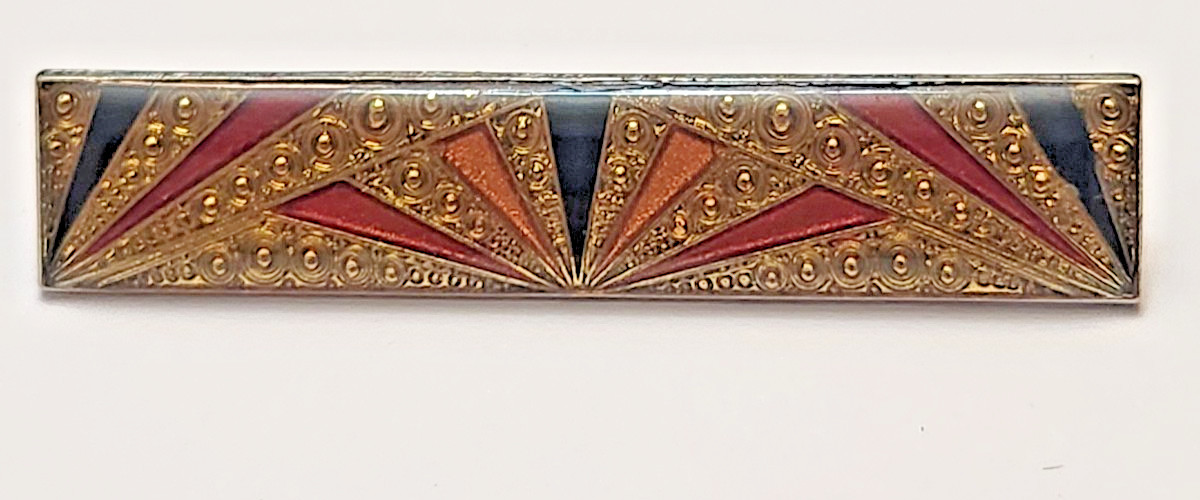 small enamel color pin 2″ x 7/8″ gold, yellow,black, red