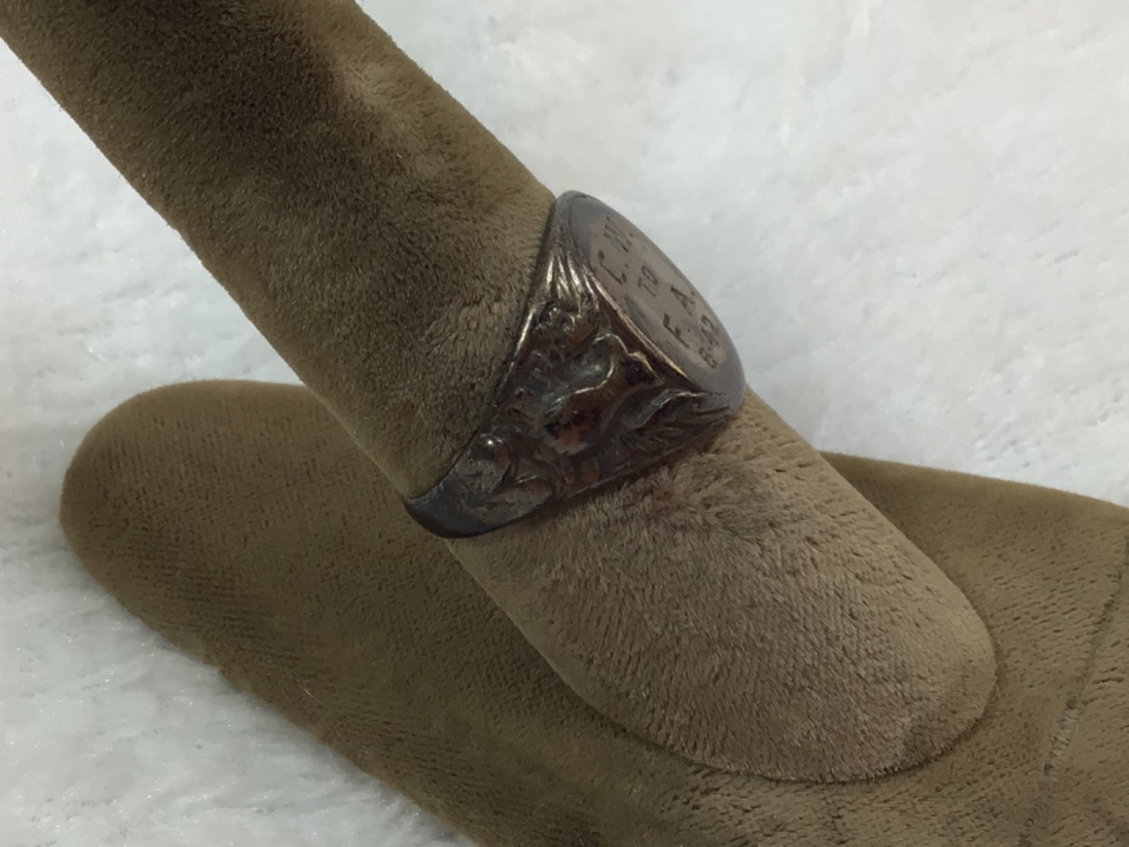 Vintage US Military Sterling Silver Ring Eagle Design Initials and dated 8 42