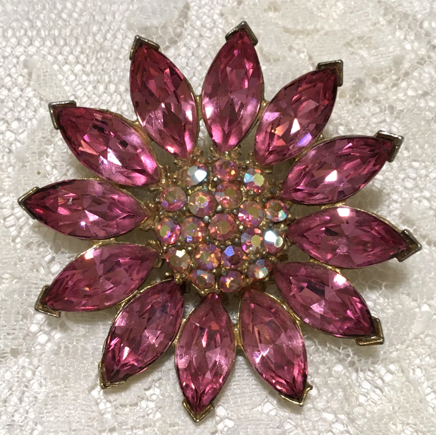 Vintage Pot Metal Brooch Gold Tone Pink Rhinestone Spring Jewelry