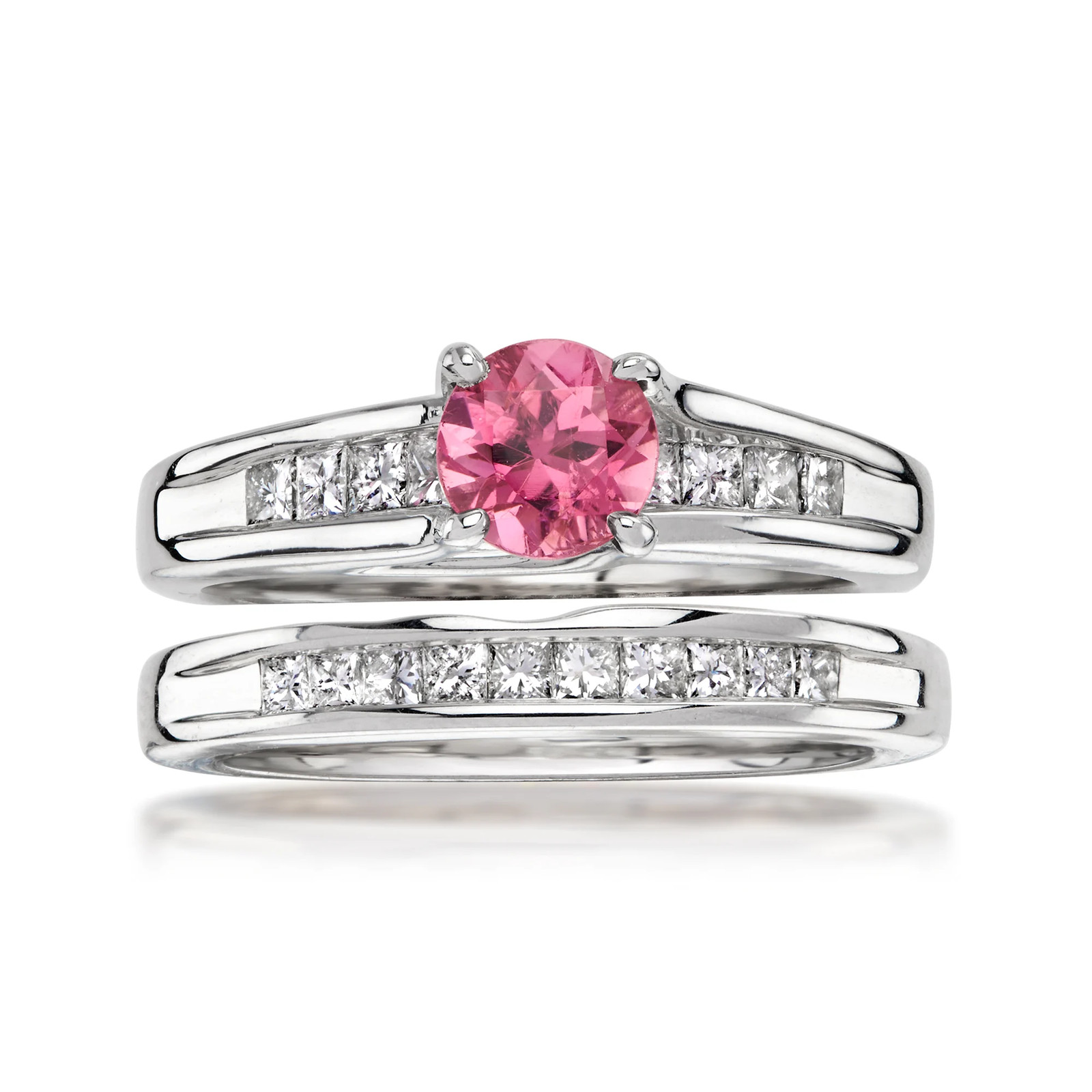 Vint Pnk Tourmaline & Diamond Bridal Set: Engagement & Wedding Rings in 14k