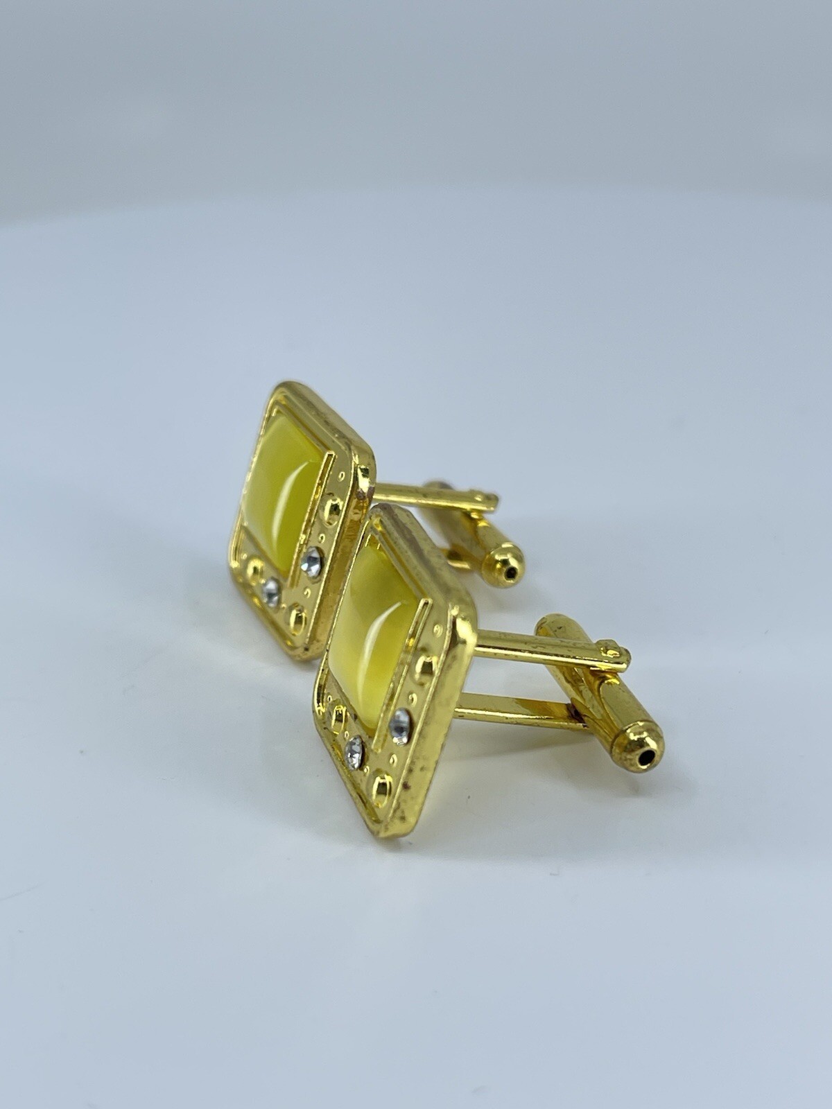 gold tone square yellow glass cufflinks white rhinestones accents bullet backs