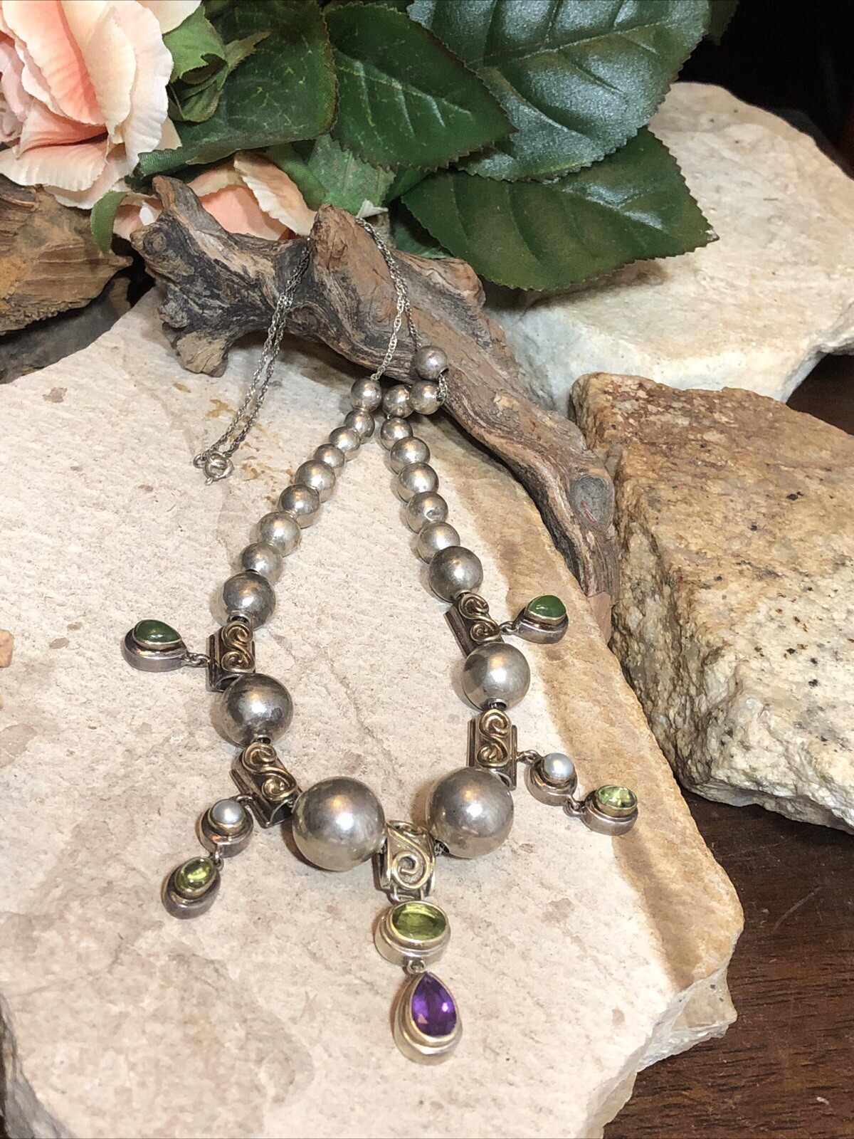 15. Vintage 925 Sterling Silver Ball charm Gemstone Beaded Sliding Necklace 17″