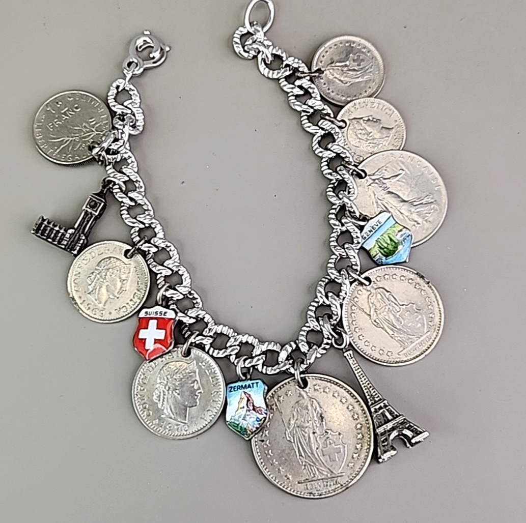 Vintage Coin Charm Bracelet Sterling Silver Plated Souvenir England France Franc