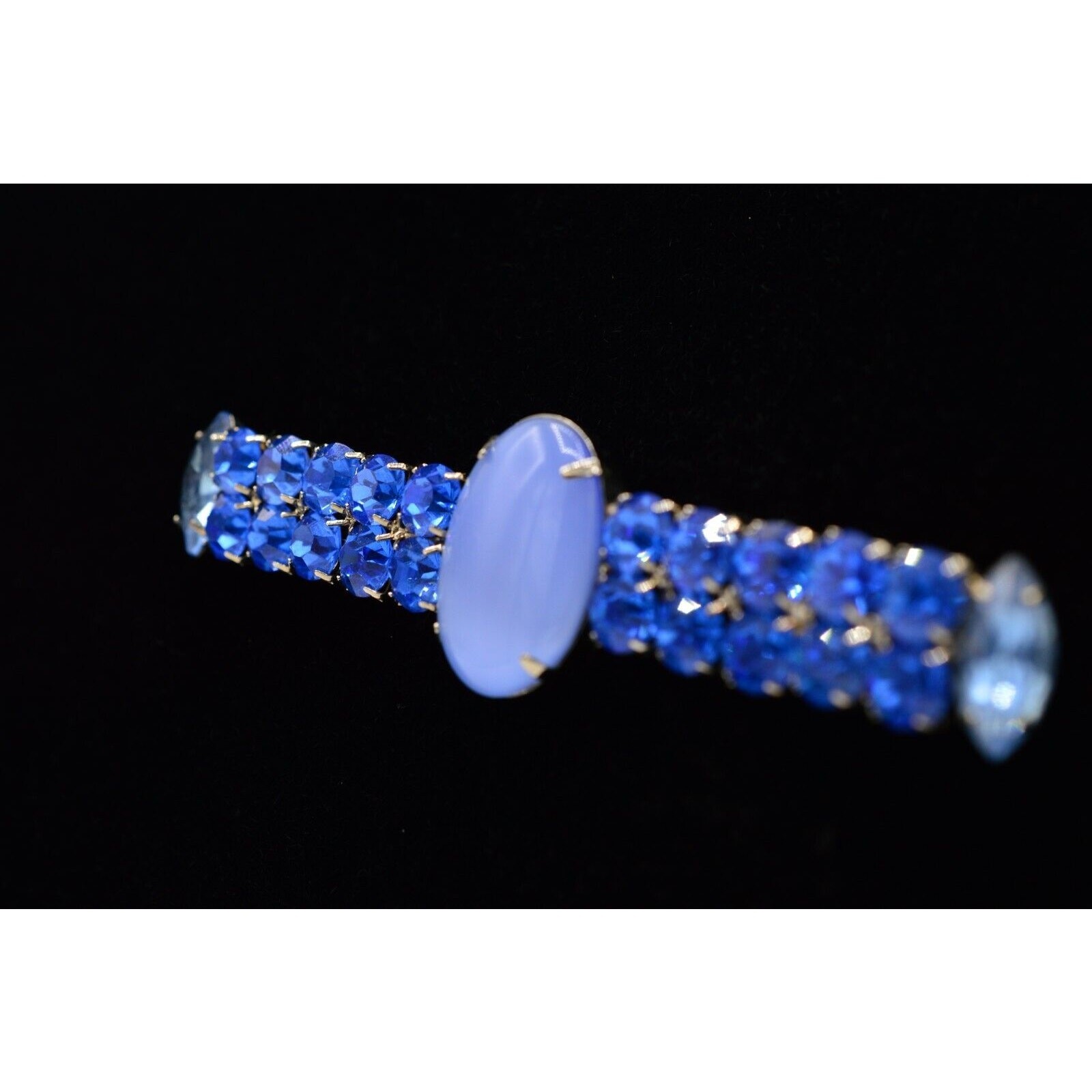 Vintage Cabochon Crystal Pin Brooch Prong Rhinestone Blue Bar Chunky 1980s BinV