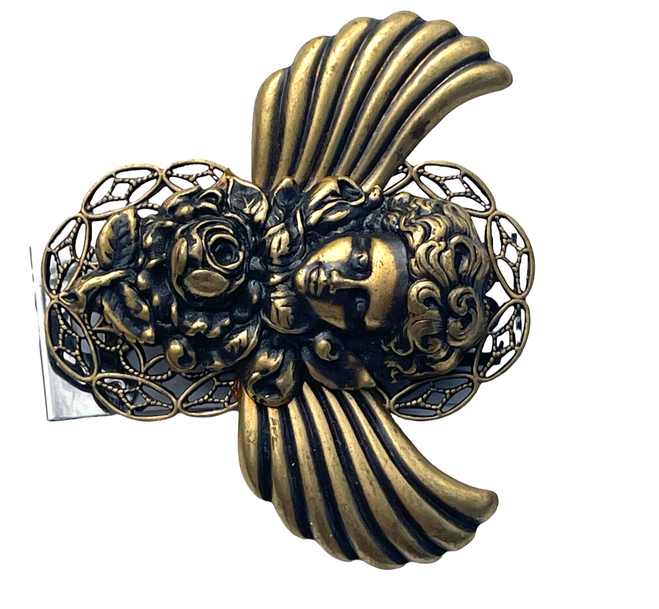 VTG Christmas Angel Brooch Rose Filigree Wings Cabochon Antique Gold Tone Pin