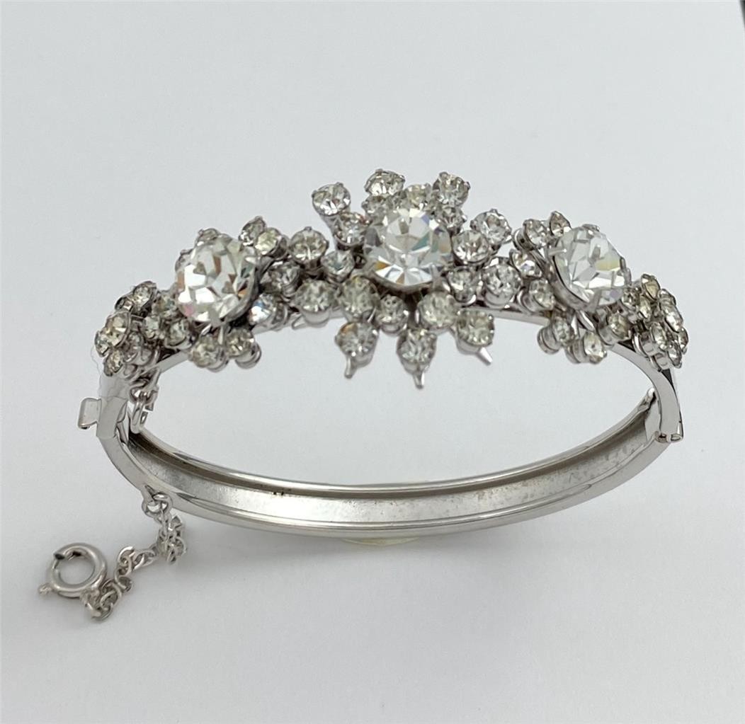 Vintage 1950’s Hinged Cuff Silver Tone Clear Rhinestones Floral Bracelet medium