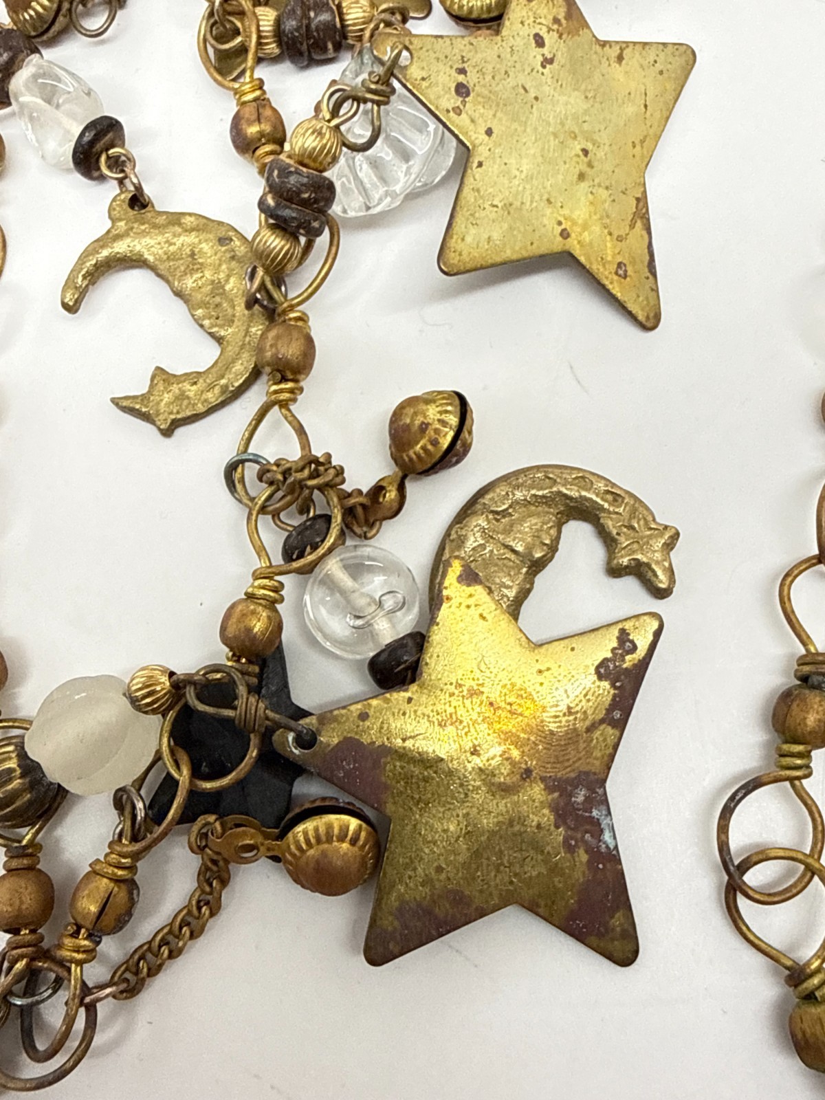 Vtg Brass Star Moon Charms Necklace red blue patriotic Boho 30″ July 4th