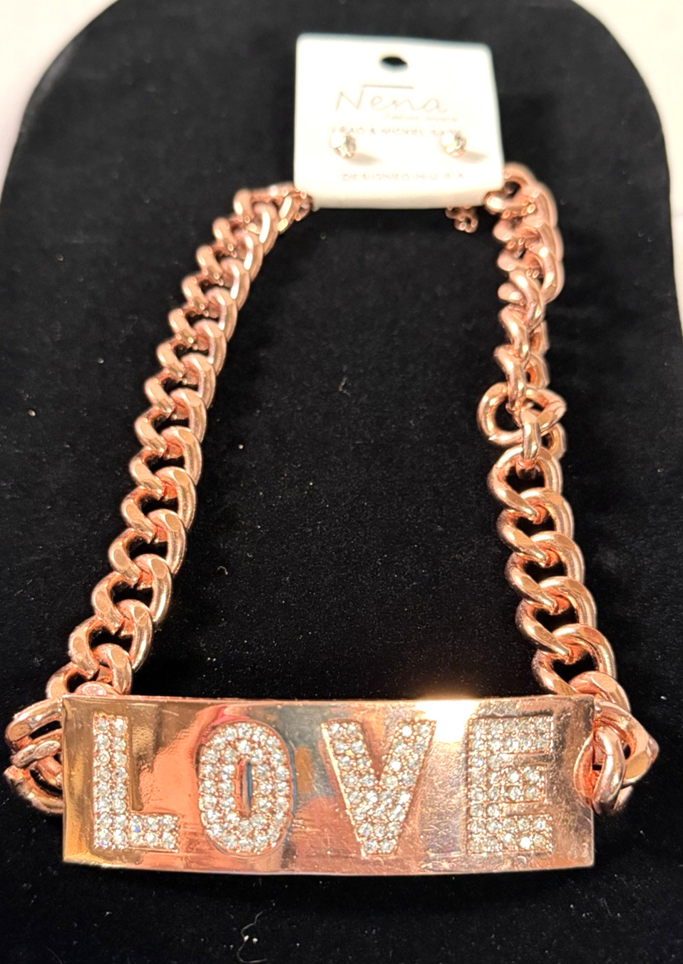 NENA Rose Gold-Tone Cuban Link Chain LOVE Plate Choker Necklace & Earrings Set