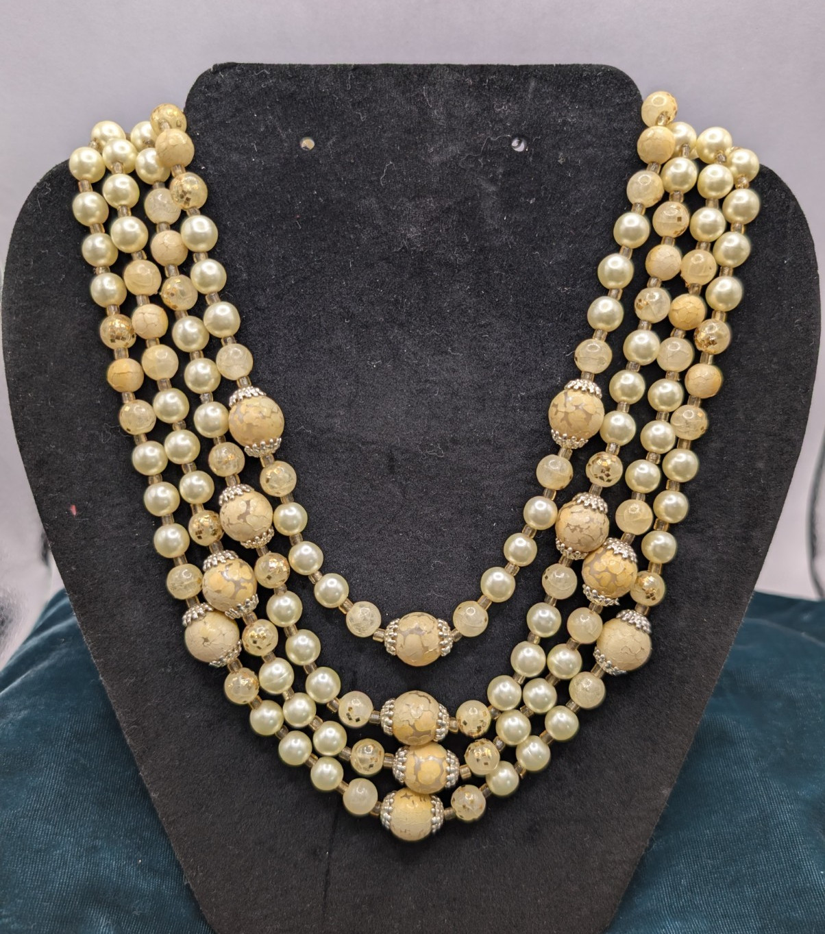 Made in Japan Multi-Strand Layered Faux Pearl & Glass Beaded Necklace Gold