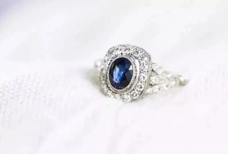 Art Deco 2.25Ct Oval Sapphire & Lab Created Diamond 925 Silver Engagement Ring