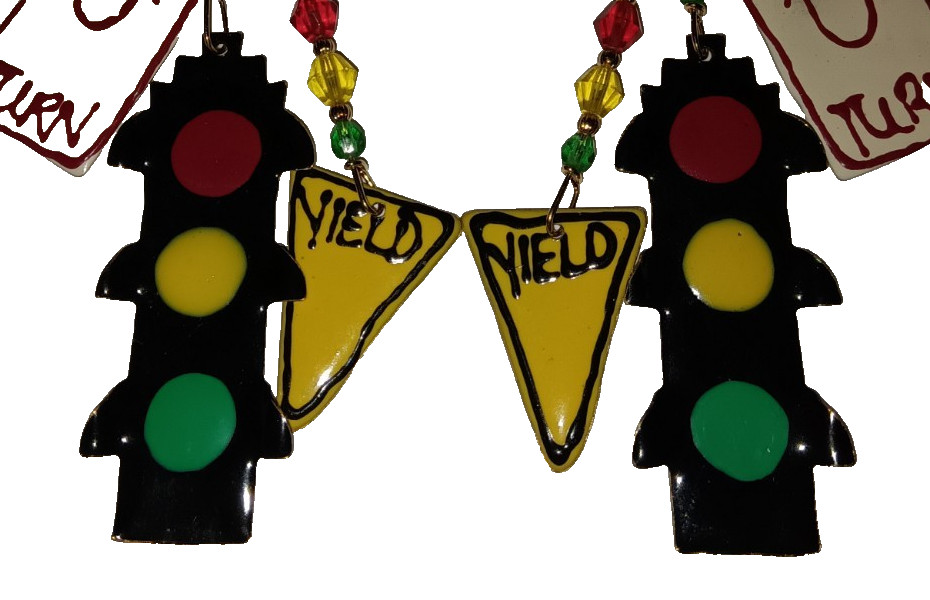 Vtg Enamel Lunch at Ritz Stop Sign Signals Traffic Light Pierced Dangle Earrings