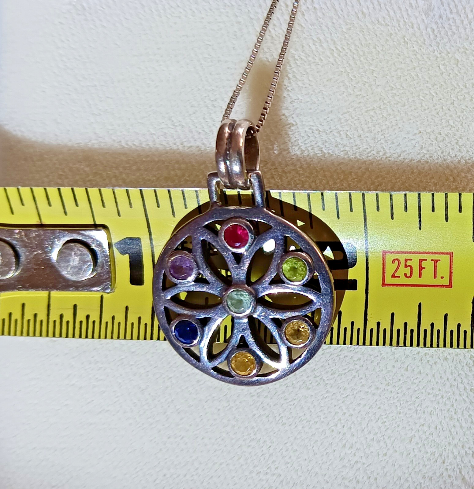 VINTAGE FLOWER OF LIFE .75″ DAIM 925 STERLING SILVER PENDANT GEMSTONES 18″ CHAIN