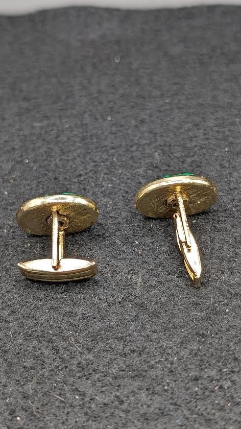 Vintage Jadeite Pair Green Glass Cufflinks Gold Tone Oval