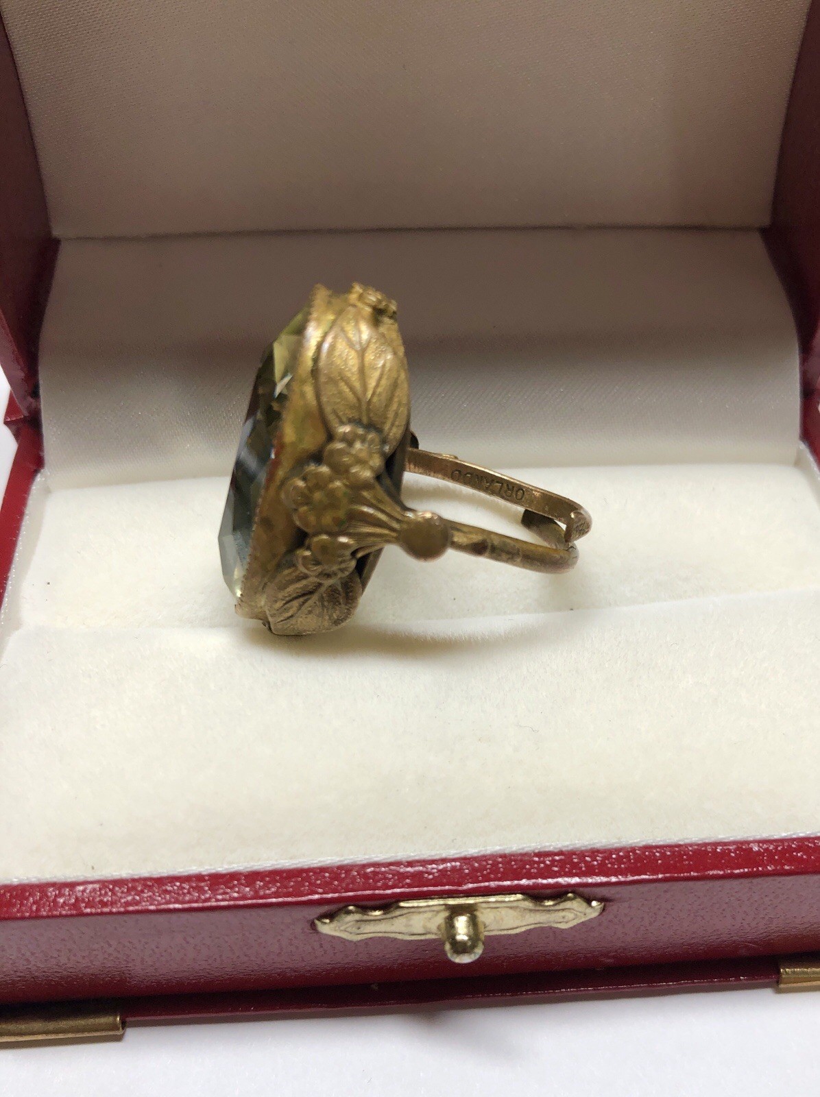 Vintage Orlando Art Nouveau Bronze Yellow Stone Glass Bohemian Ring size 6.5 Adj