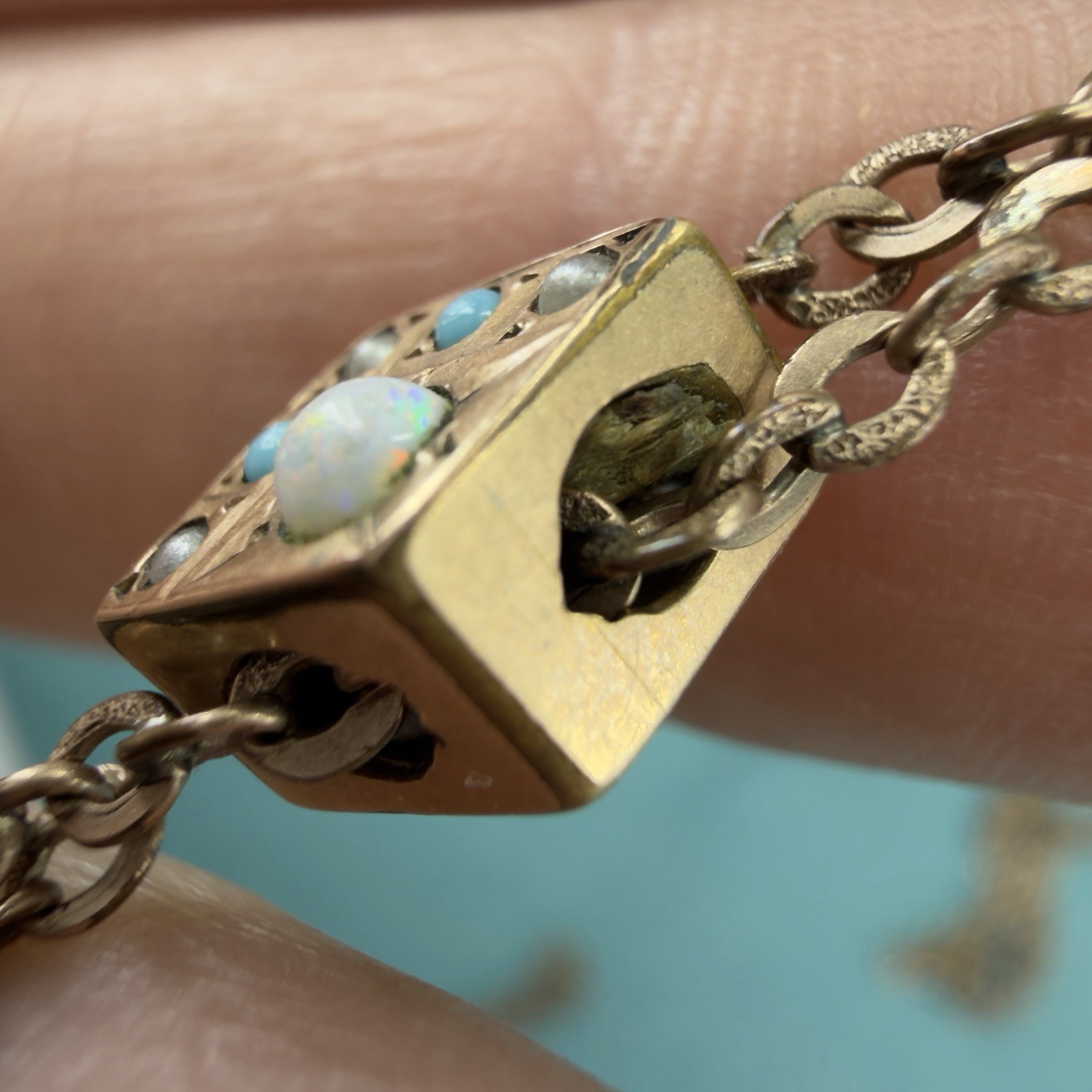 Victorian Antique 10K SOLID GOLD Pearl Turquoise SLIDE 48 GF Watch Chain D&C Fob