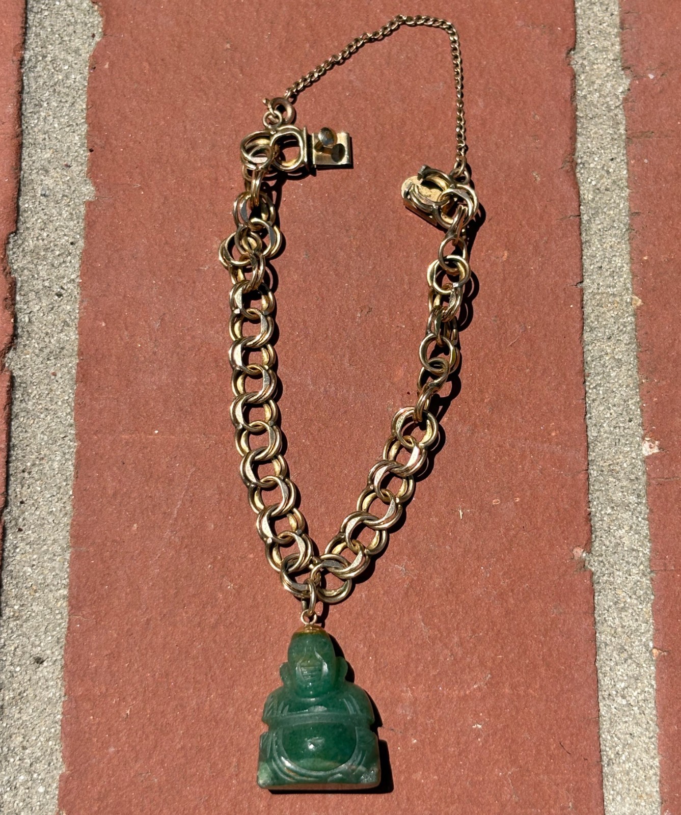 Vintage Double Link 12K 1/20 Gold Filled Green Carved Stone Charm Bracelet