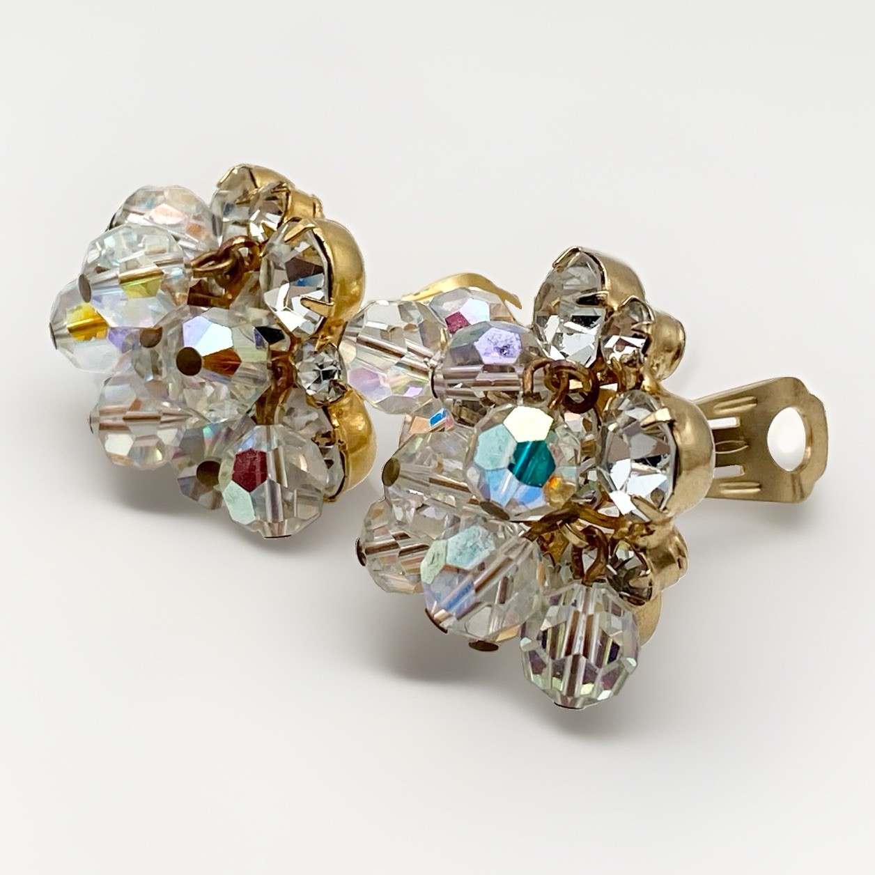 Vintage 1950s Finer Aurora Borealis Crystal Cluster Clip Earrings Bridal Couture