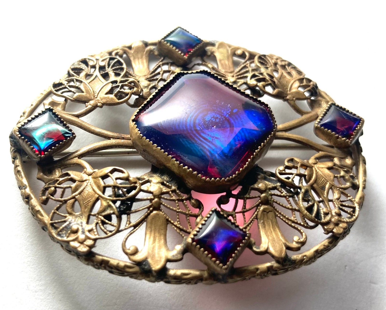 Large Antique Czech Art Deco Red Blue Dragons Breath Art Glass Brass Brooch Pin