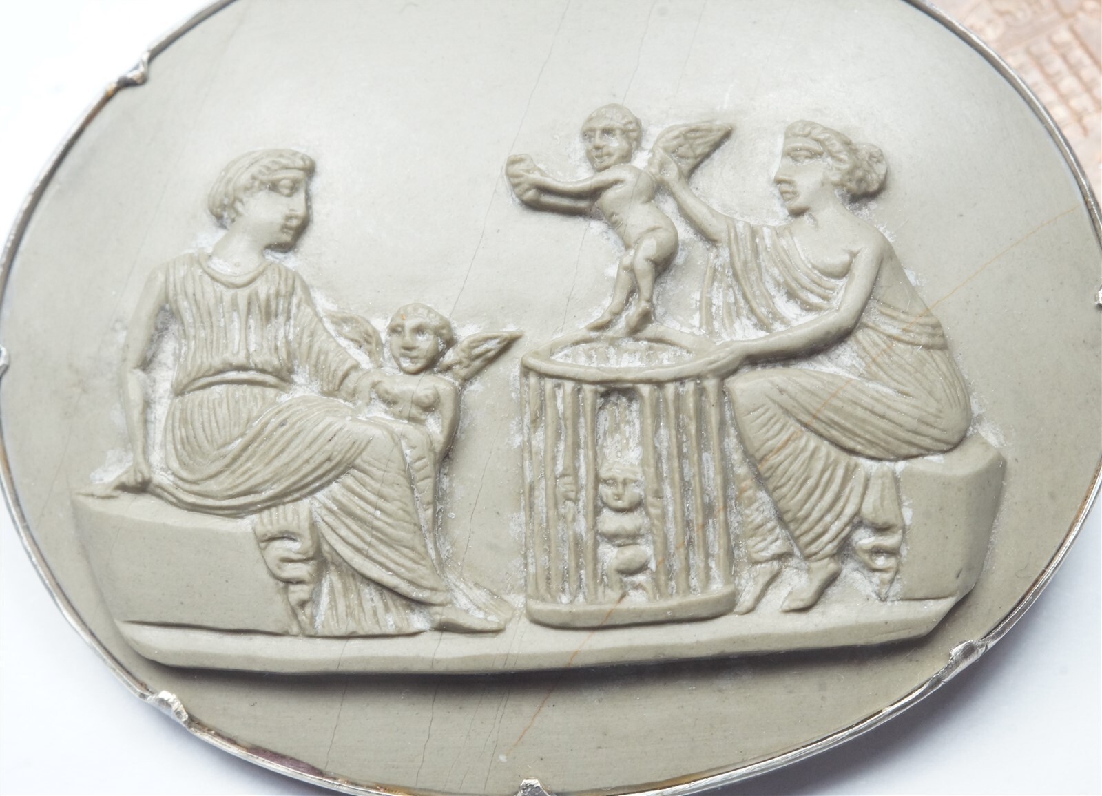 ANTIQUE HAND CARVED LAVA CAMEO SILVER BROOCH CHERUB SELLER c1860