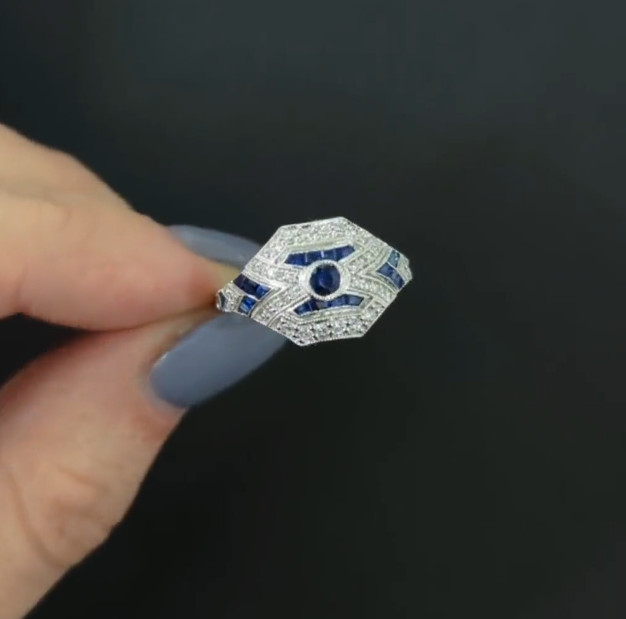 Art Deco Style Sapphire Lab Created Diamond 14K White Gold FN Anniversary Ring
