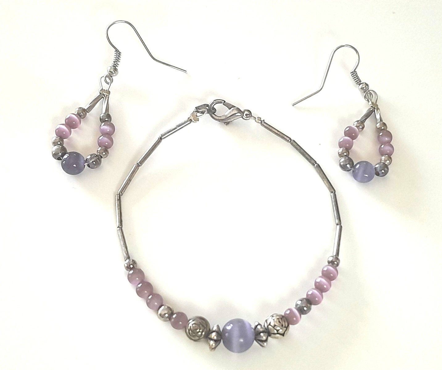VTG Artisan Silver Tone Violet Purple Glass Necklace, Bracelet, Earrings Set
