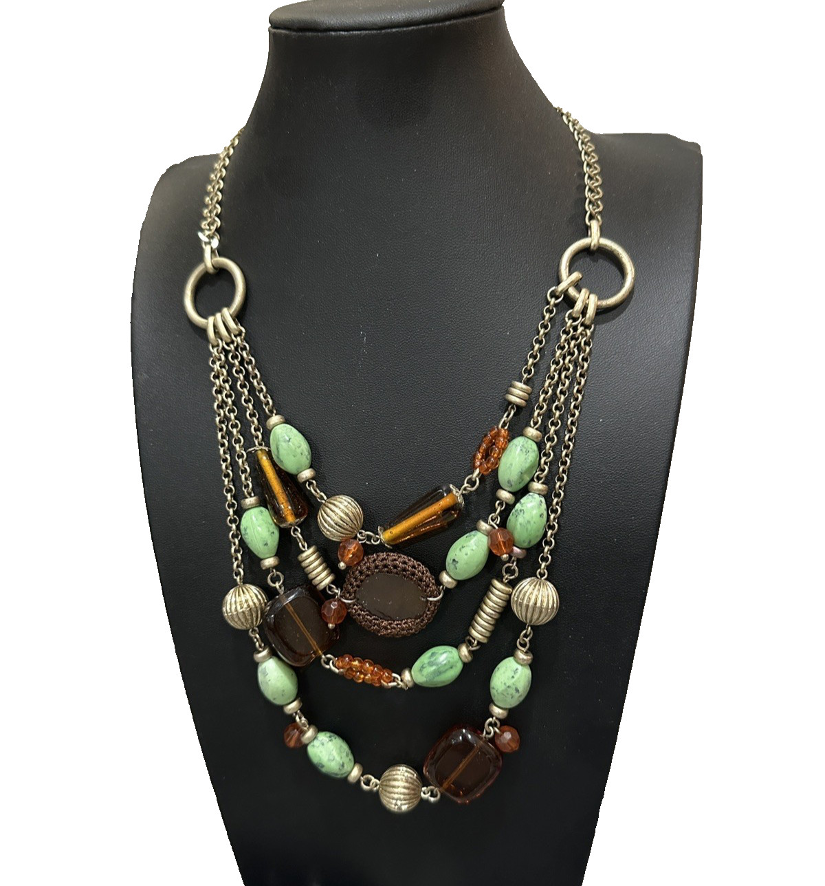 Liz Claiborne Multi Strand Statement Necklace Orange Green Light Gold Tone 18″