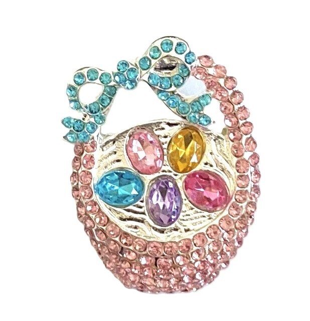 ADORABLE PINK EASTER EGG BASKET BROOCH! Cute Spring, Easter Fun. Silver Tone.