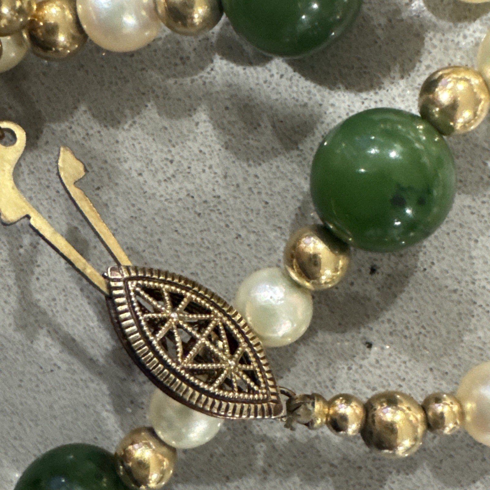 Vintage Green Jade Pearls GF Beads Sterling Filigree Gold Wash Clasp Necklace