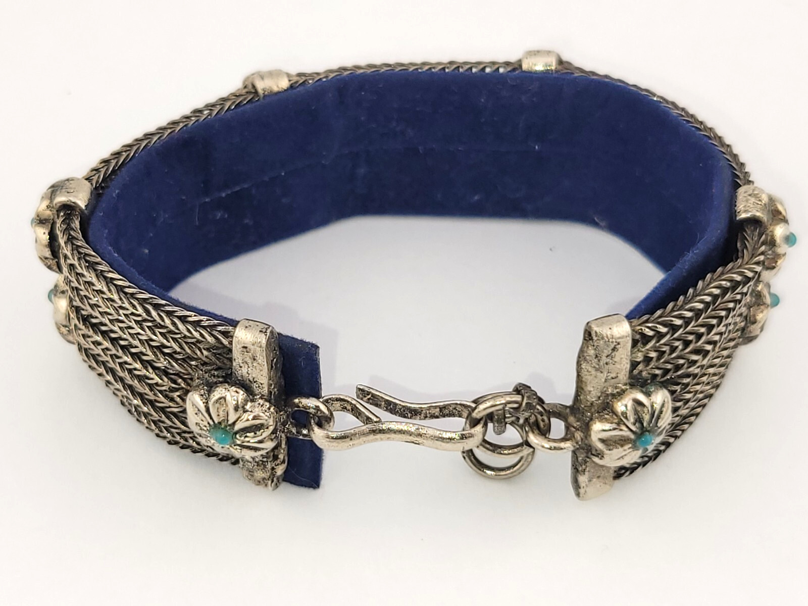 Vintage 7 Strand Snake Chain Turquoise Glass Flower Southwestern Bracelet 7-8.5″