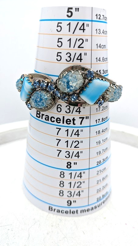 Vintage Rhinestone Clamper Bracelet Crackle Cabochon Blue Glass