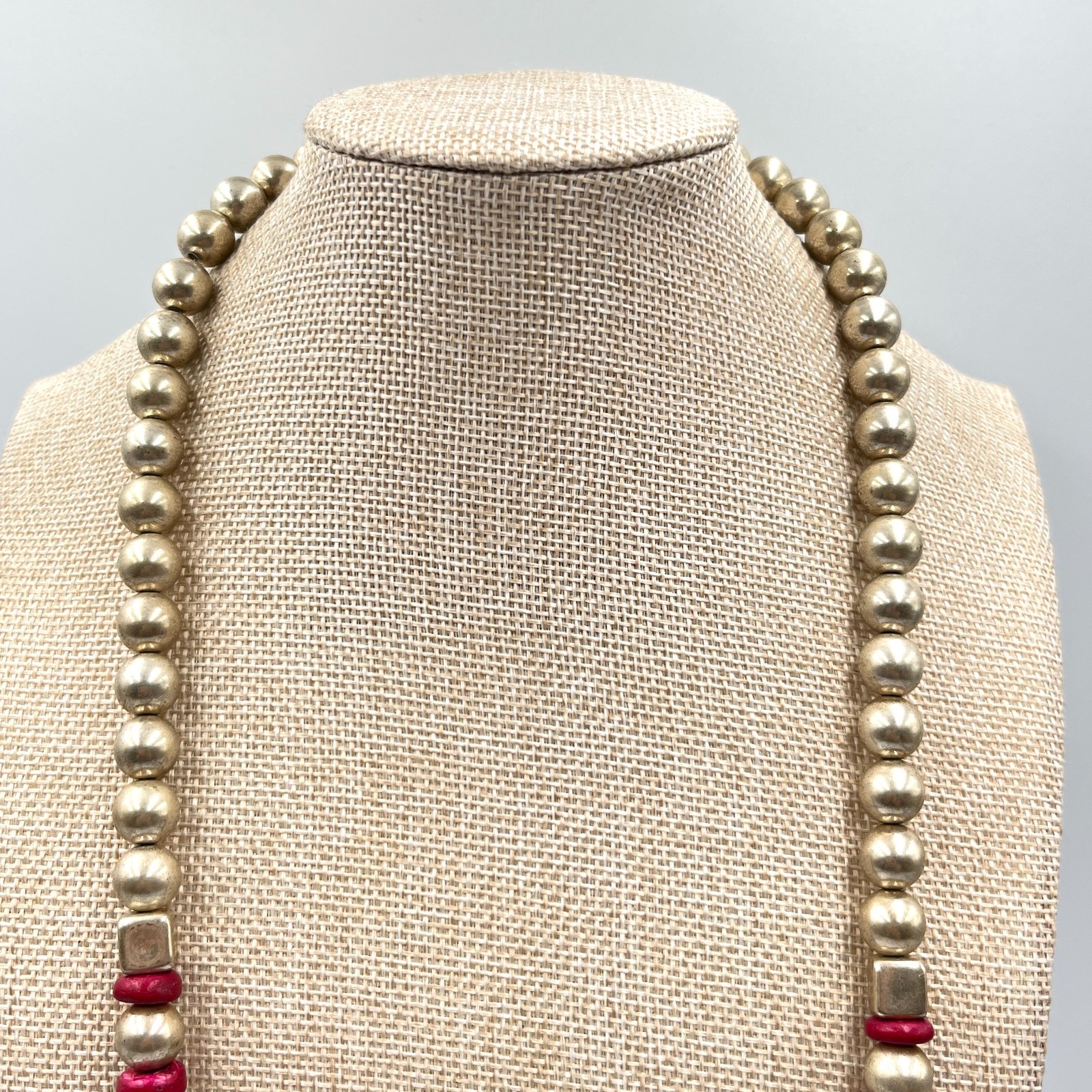 Vintage Southwestern Gold Tone Bead & Red Disc Heishi Statement Necklace Classic