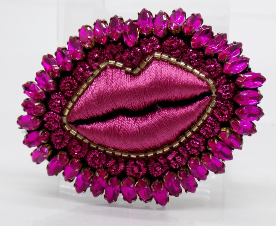 celeste mogador bouche bisou mouth kiss brooch french pin hand embroidered