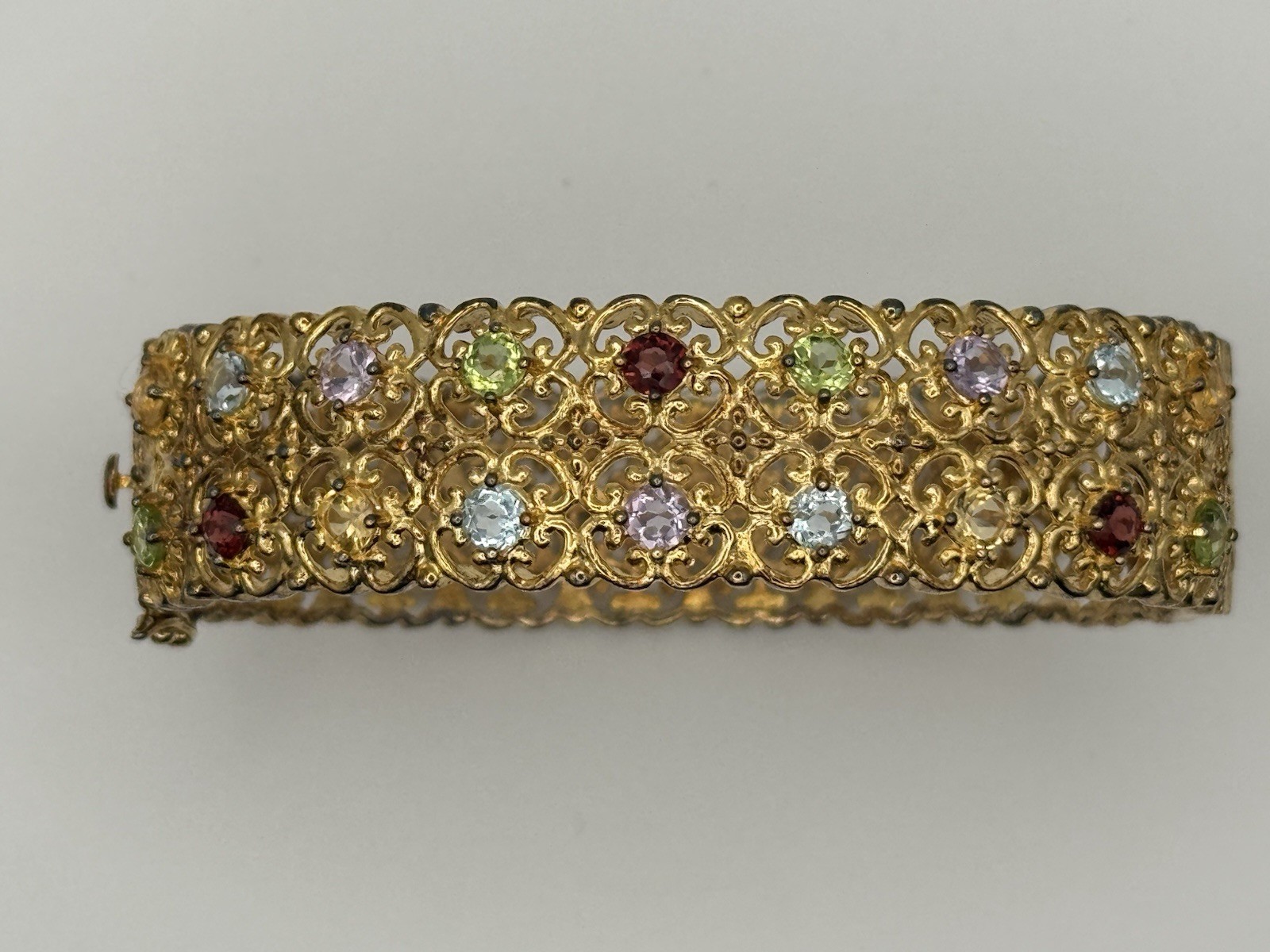 Vintage 925 China Gold Vermeil MultiGemstone Filigree Hinged Bangle Bracelet 30g
