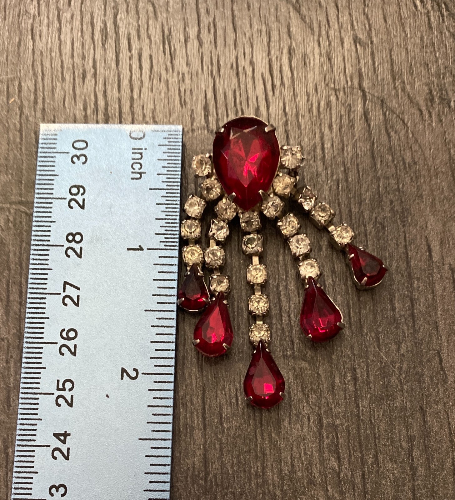 Vintage 50s 60s Czech Ruby Red & Clear Glass Rhinestone Dangle/Tassel Brooch Pin
