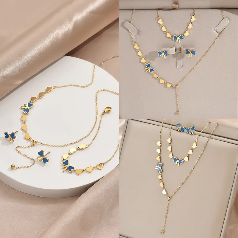 Real Gold Plated Heart Shape Bow Knot Titanium Steel Sweet IG Style Waterproof